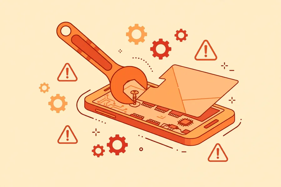 Flat illustration of a wrench repairing a smartphone with gear icons around it