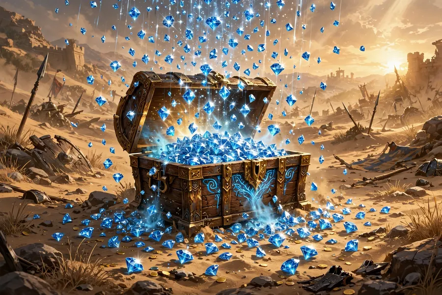 Illustration of sparkling blue diamond gems raining from a glowing treasure chest