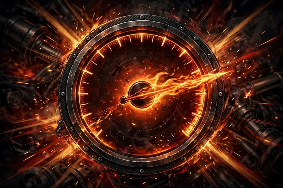 Illustration of a glowing speedometer with a flame needle pointing to maximum