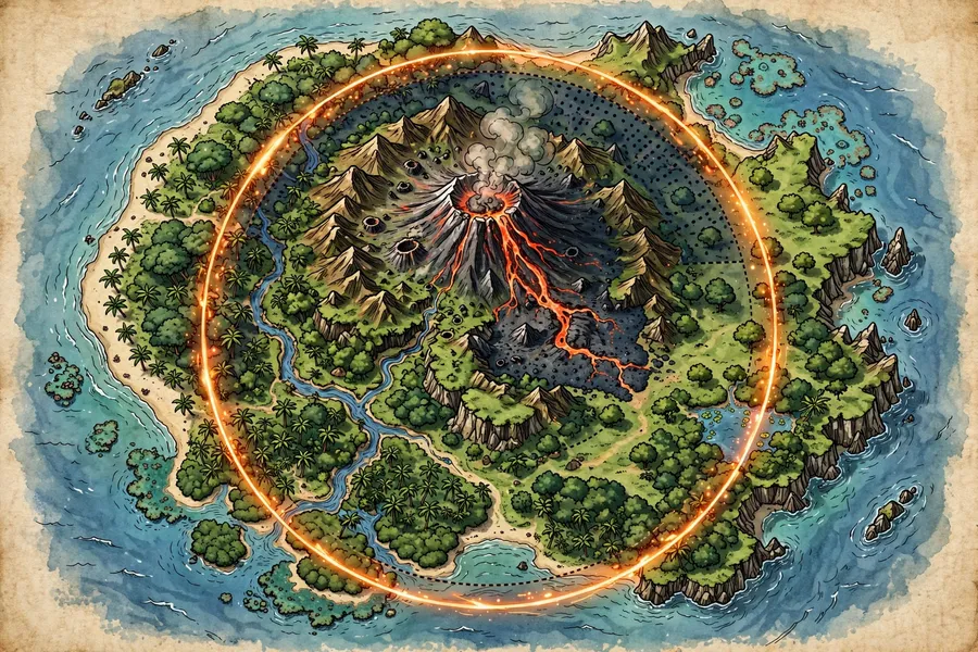 Top-down illustrated fantasy battle royale island map with a volcano and a glowing safe zone ring