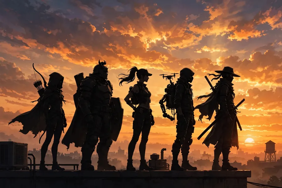 Illustration of five battle royale fighter silhouettes lined up on a rooftop at dawn