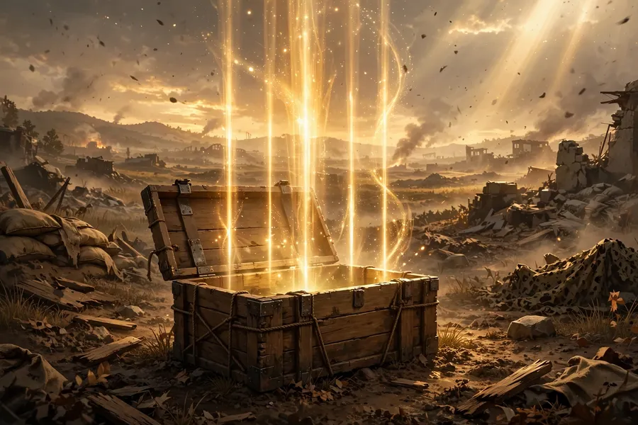 Illustration of a wooden supply crate with glowing loot beams rising on a battlefield