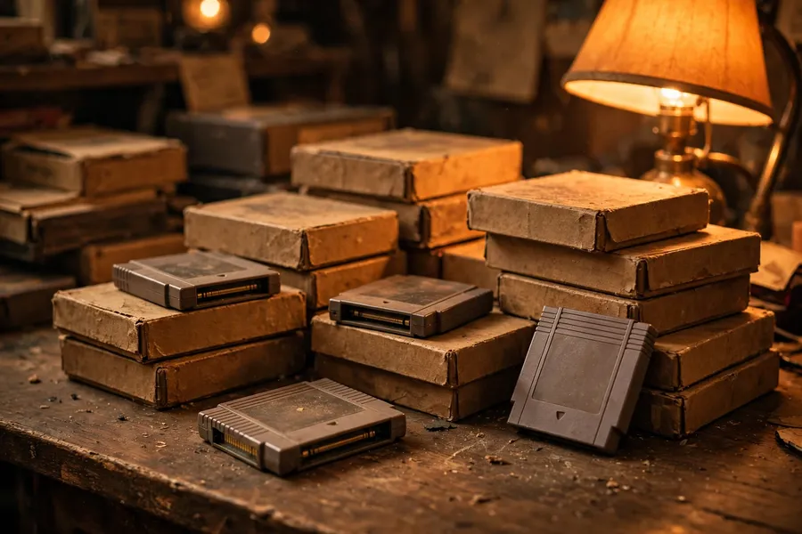 Retro illustration of old game cartridges and boxes stacked on a wooden desk in warm lamplight