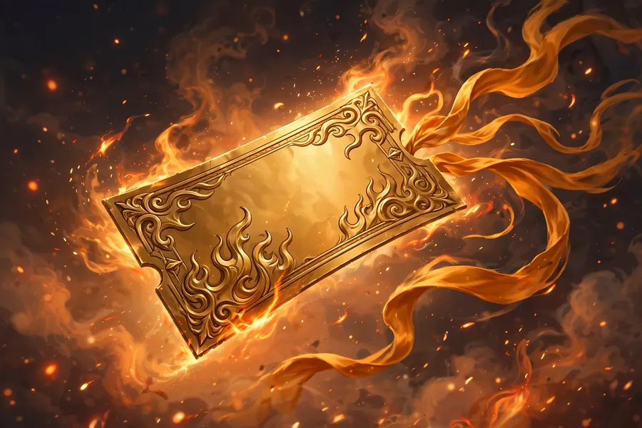 Illustration of a golden gift ticket with flame patterns flying with a ribbon