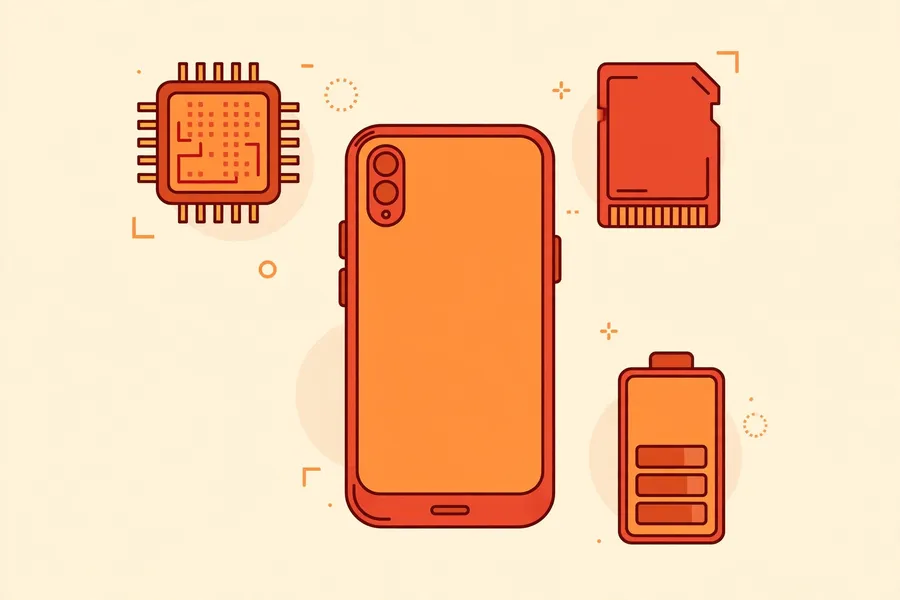 Flat illustration of a smartphone surrounded by chip, memory card, and battery icons
