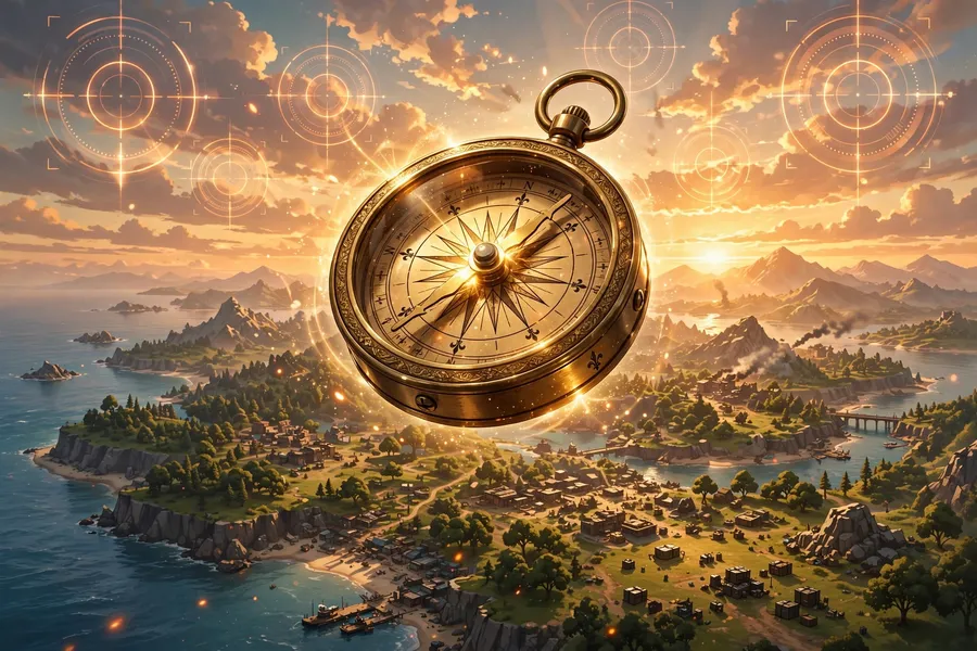 Illustration of a vintage brass compass glowing over a battle royale island at sunrise