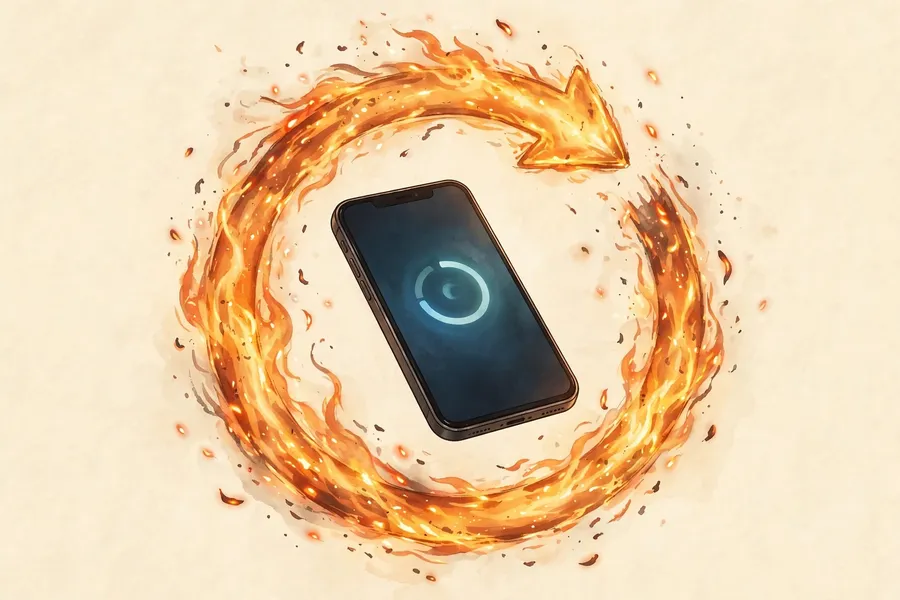 Illustration of a circular refresh arrow made of fire surrounding a smartphone