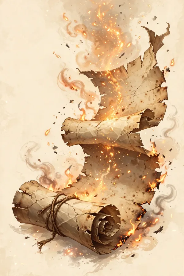 Illustration of a parchment scroll unfurling with glowing update sparks and embers
