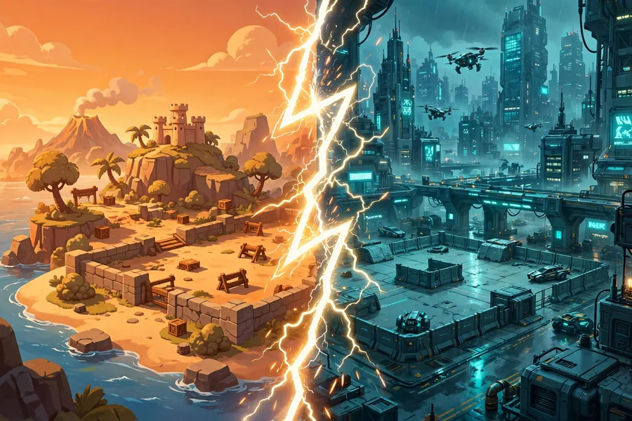 Split-screen illustration of a classic mobile island arena and an enhanced city arena divided by lightning