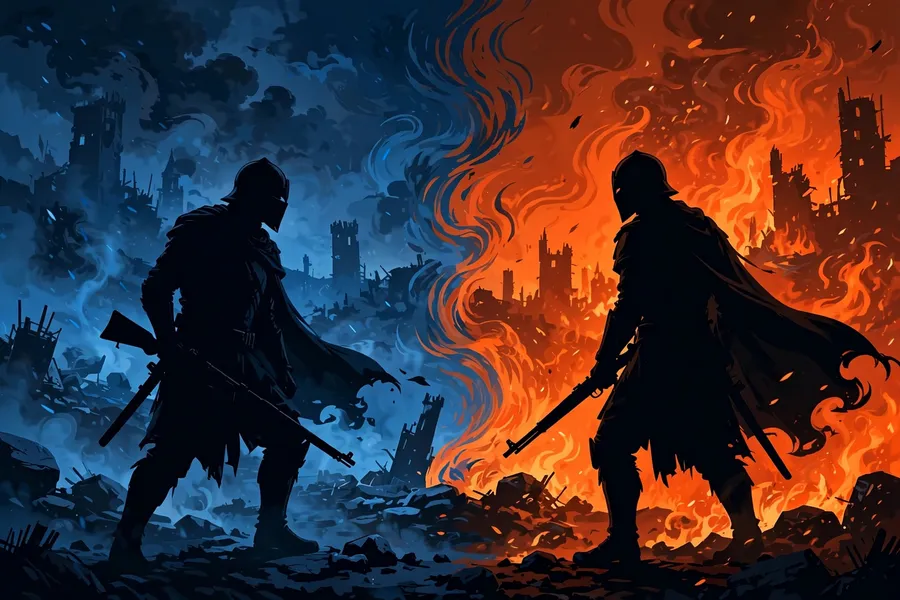Split illustration of two battle royale warriors facing off, one in cool blue tones and one in warm orange