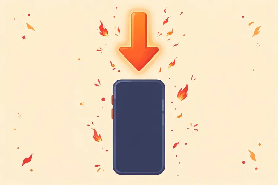 Flat illustration of a smartphone with a glowing download arrow and flame sparks