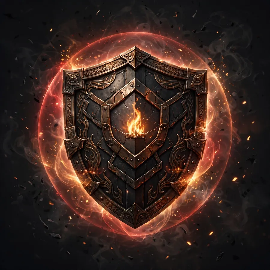Illustration of a glowing knight shield with a flame at its center on a charcoal background