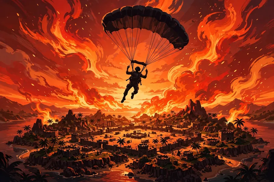 Illustration of a battle royale character parachuting onto a tropical island at sunset