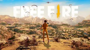 Free Fire Beta key art showing a character parachuting onto the Bermuda island map