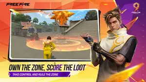 Free Fire Beta preview showing the zone control event with a character next to a loot beacon